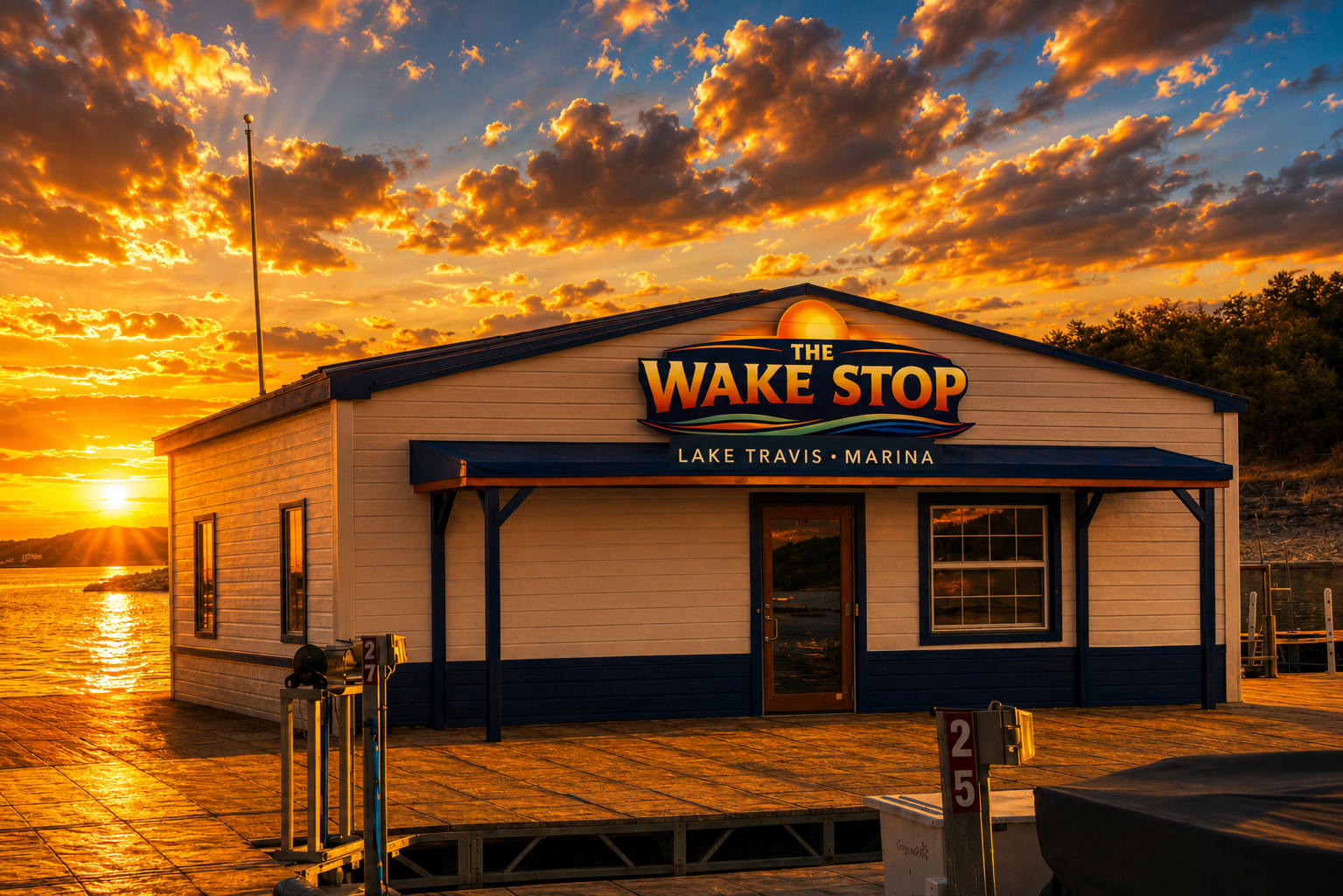 The Wake Stop storefront at sunset